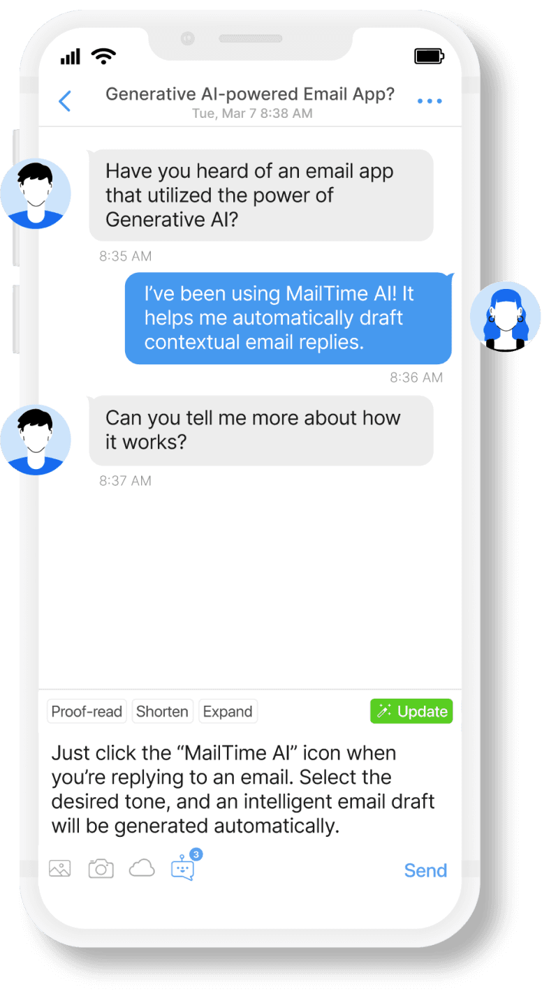 A mockup image shows using MailTime AI in an email chat.
